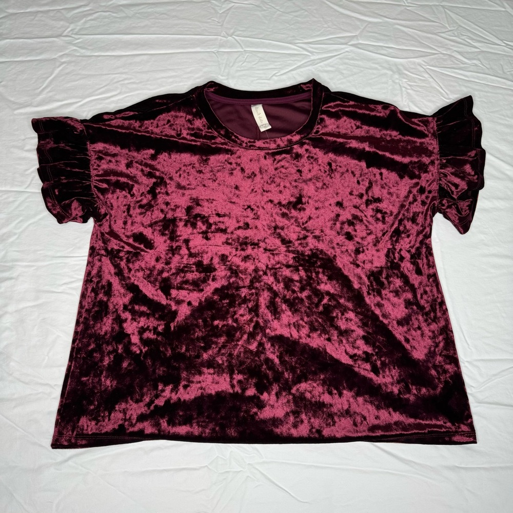 Altar'd State Burgundy Red Crushed Velvet Ruffle Short Sleeve‎ Top Womens Medium